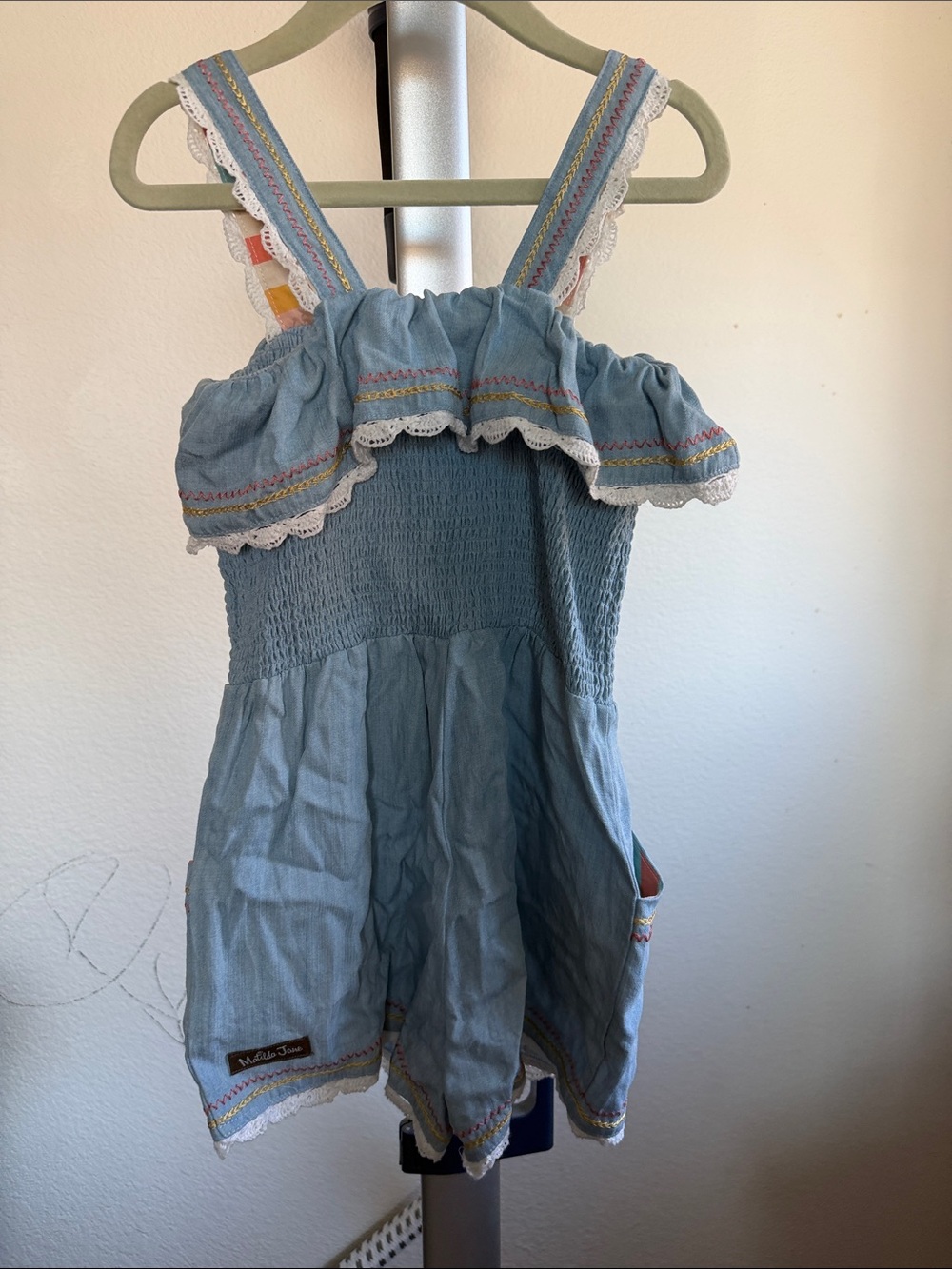 Matilda Jane Light Blue Denim Smocked Romper with Multicolor Striped Straps - Picture 3 of 3